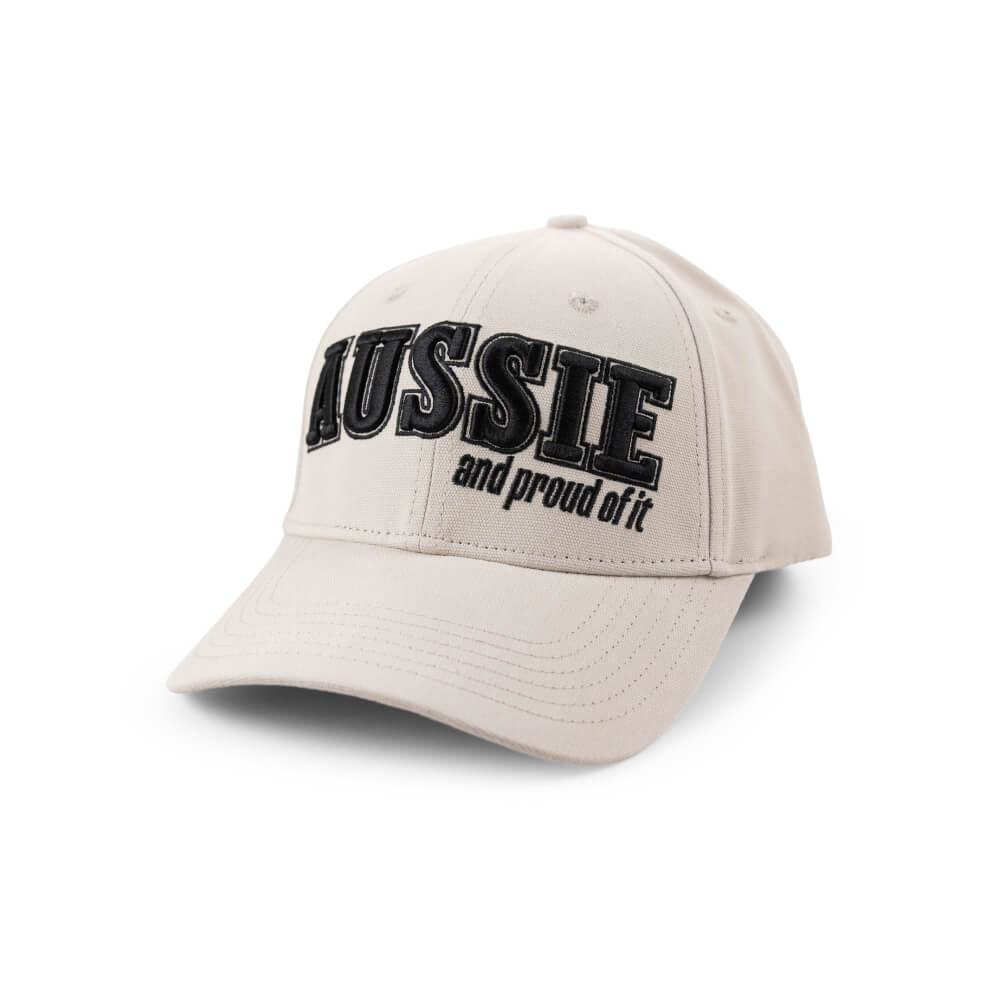 Cream “Aussie and proud of it” cap with black embroidery