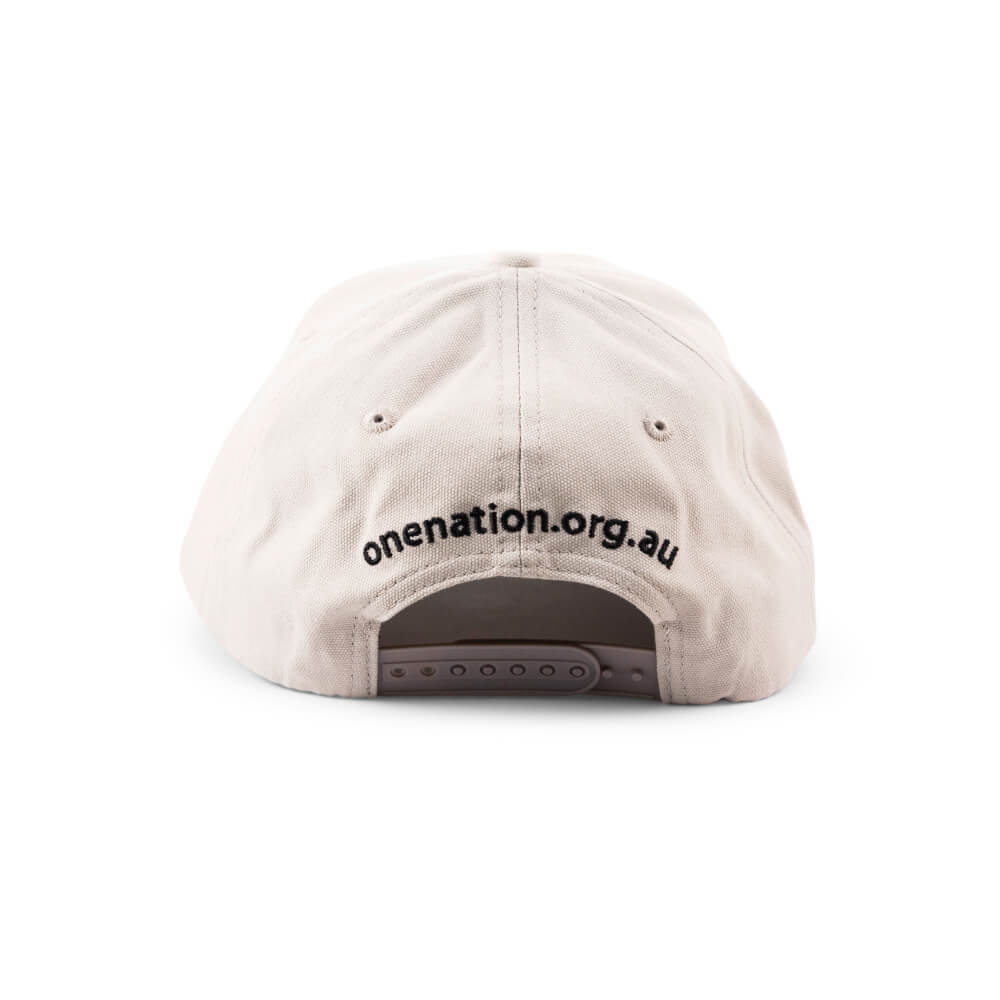 Back of the cream Aussie cap with onenation.org.au above the strap