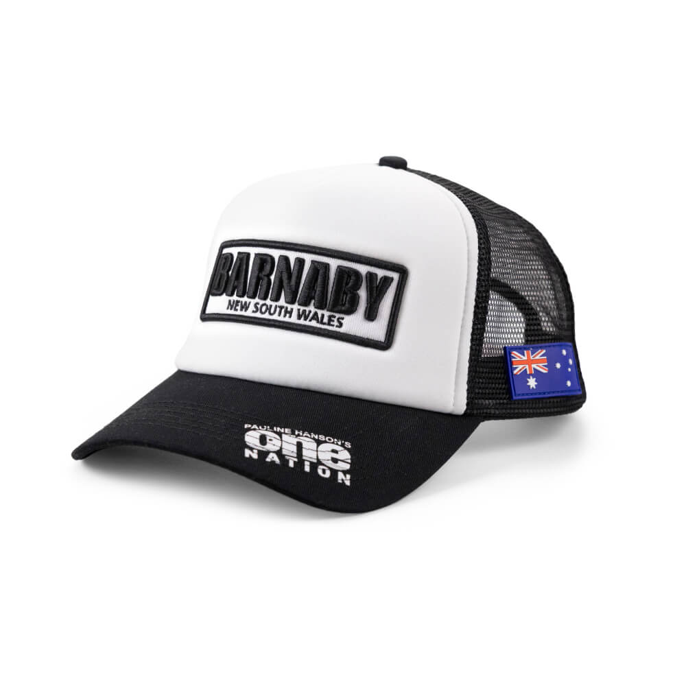 Black and white Barnaby Senate 2028 trucker cap with an Australian flag patch