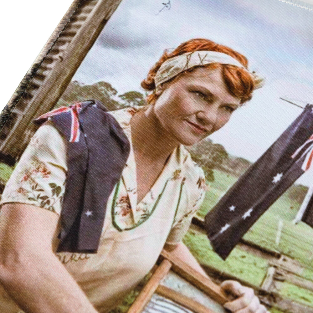 Close-up of the Flagging The Issues artwork: Pauline Hanson in a headscarf at the clothesline