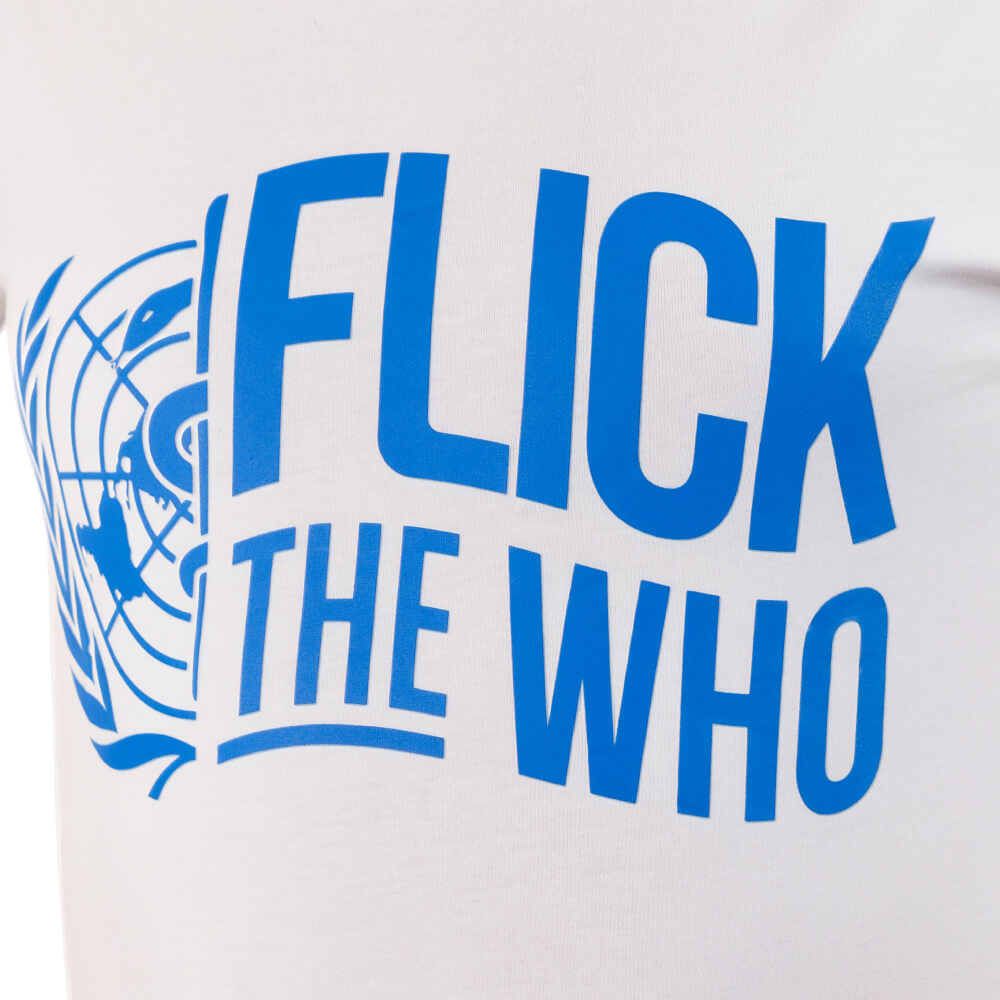 Close-up of the blue “Flick the WHO” lettering and emblem