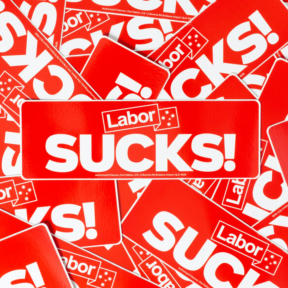 Pile of red “Labor SUCKS!” bumper stickers