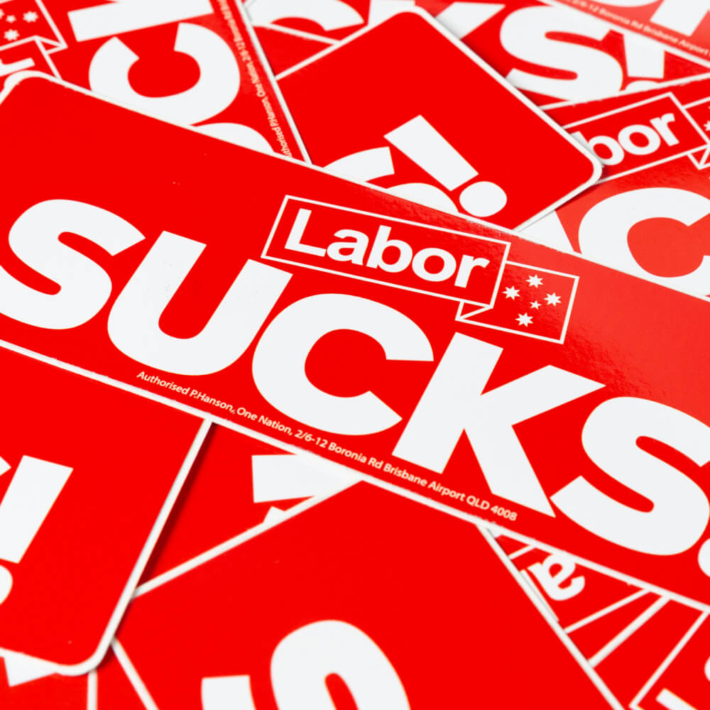Close-up of the red “Labor SUCKS!” bumper sticker