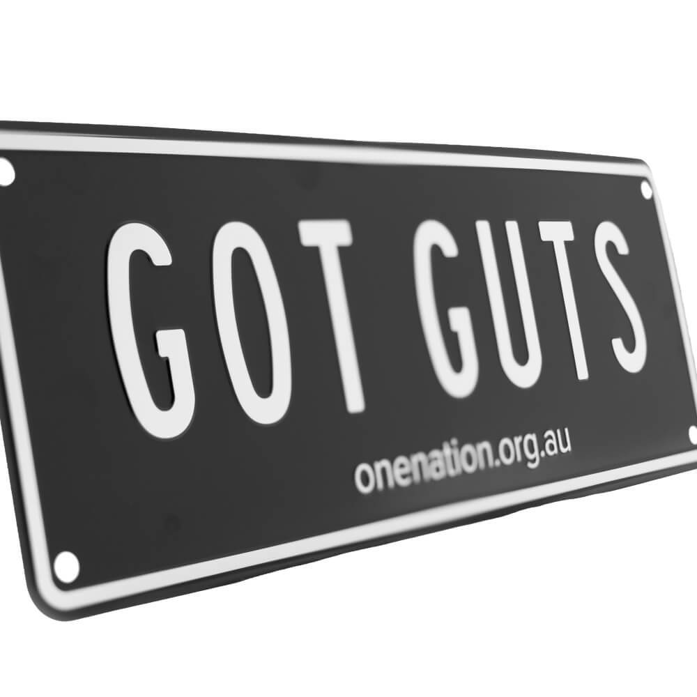Angled view of the black “GOT GUTS” novelty licence plate