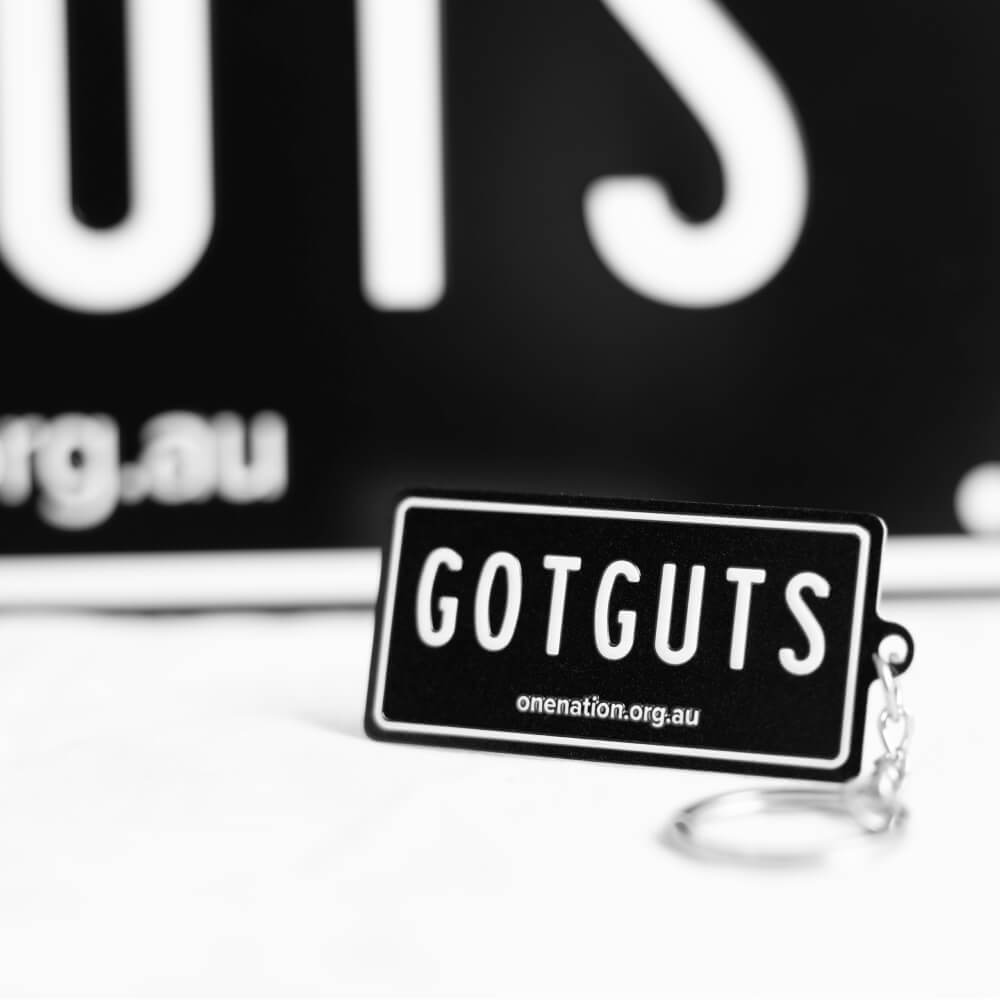 “GOT GUTS” licence plate shown with the matching mini licence plate keyring
