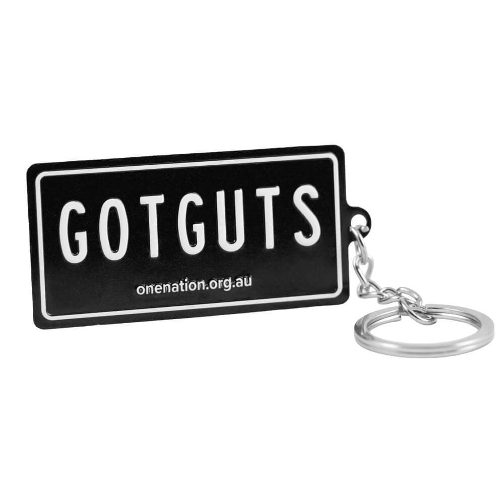 “GOT GUTS” mini licence plate keyring on a split ring
