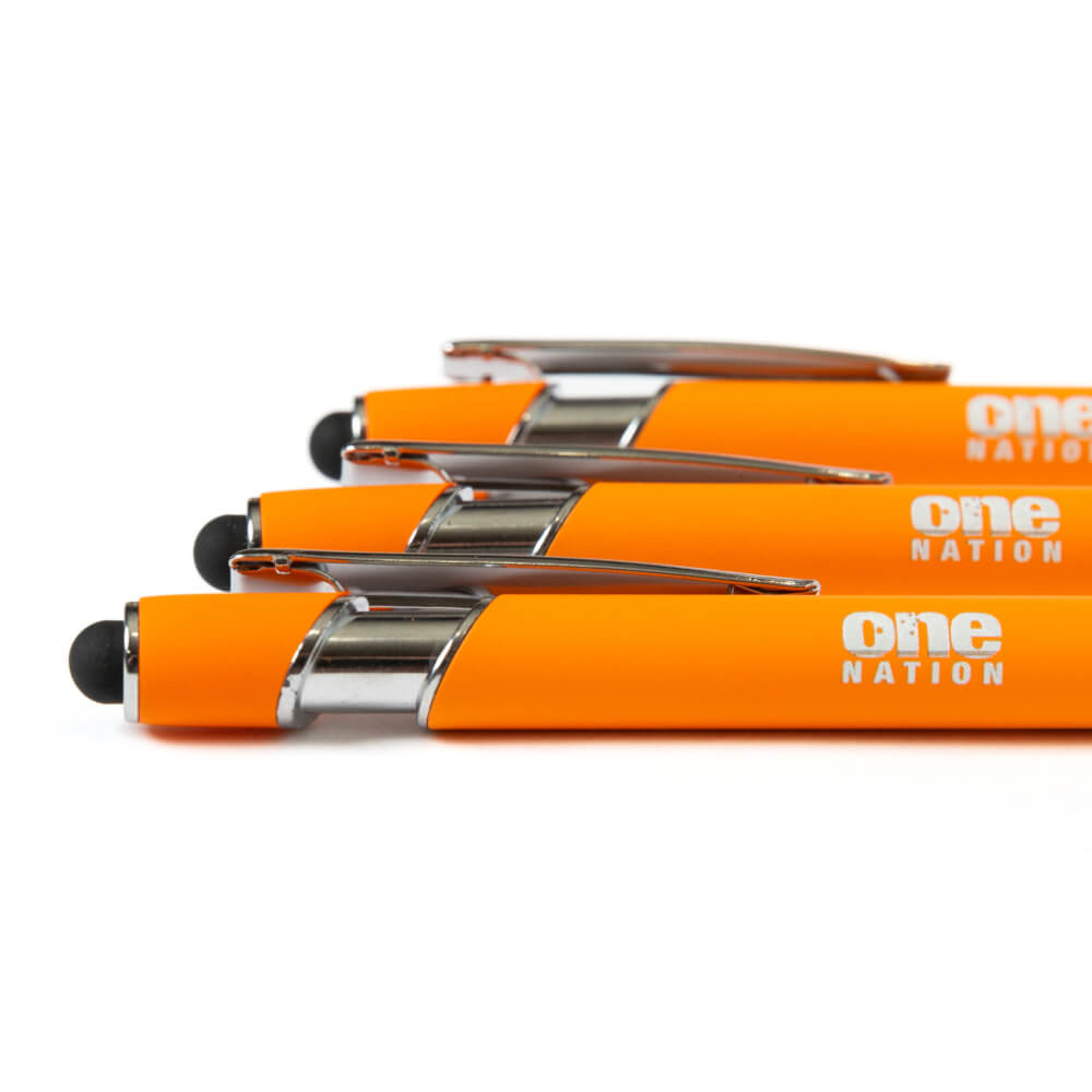 Four orange One Nation stylus pens lying side by side
