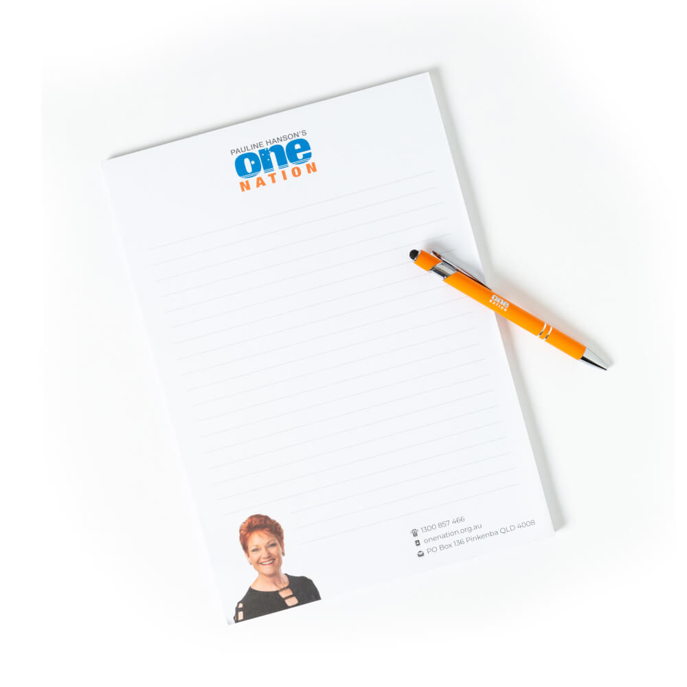 Pauline Hanson note pad with One Nation logo at the top, shown with an orange pen