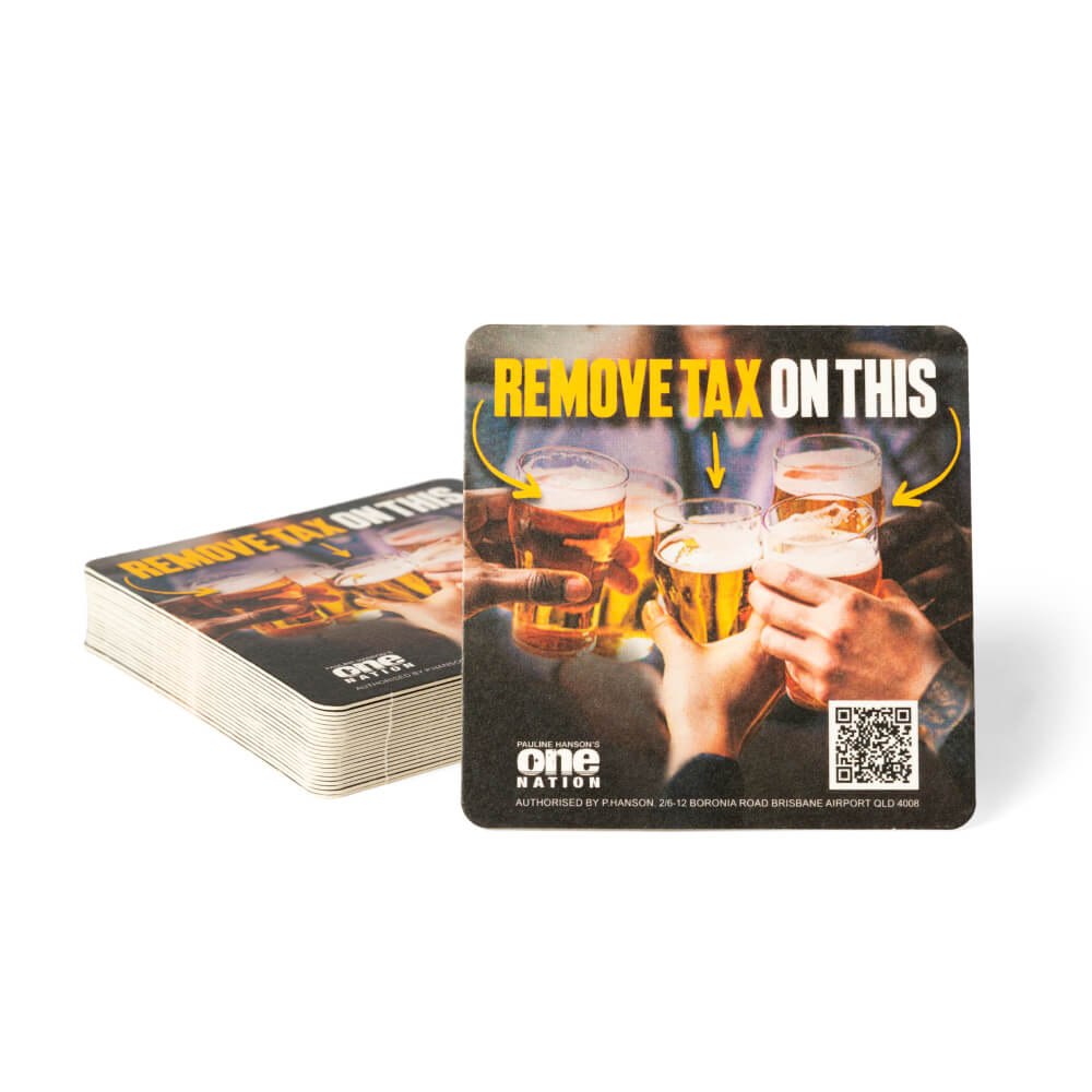 Stack of “Remove Tax On This” drink coasters showing raised beer glasses and a QR code