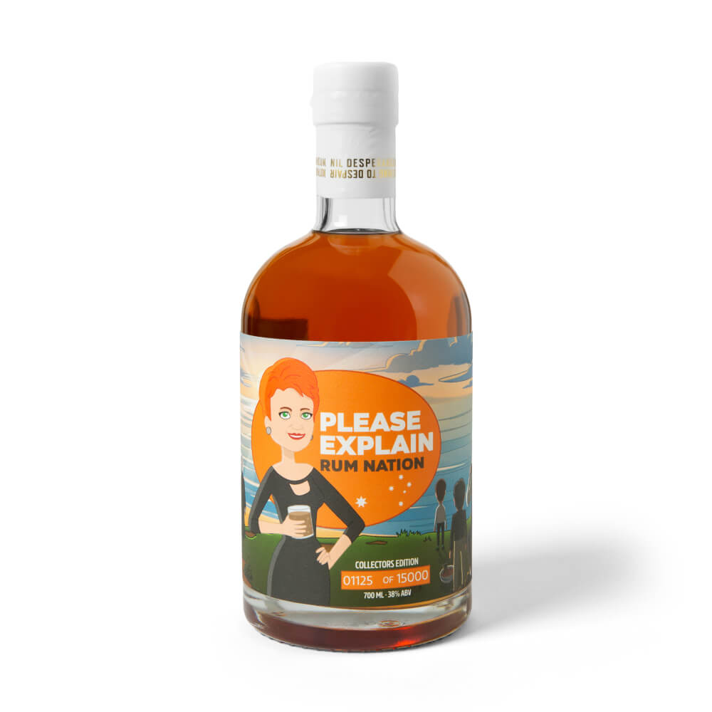 Bottle of Please Explain Rum Nation Collectors Edition rum with a cartoon Pauline Hanson label