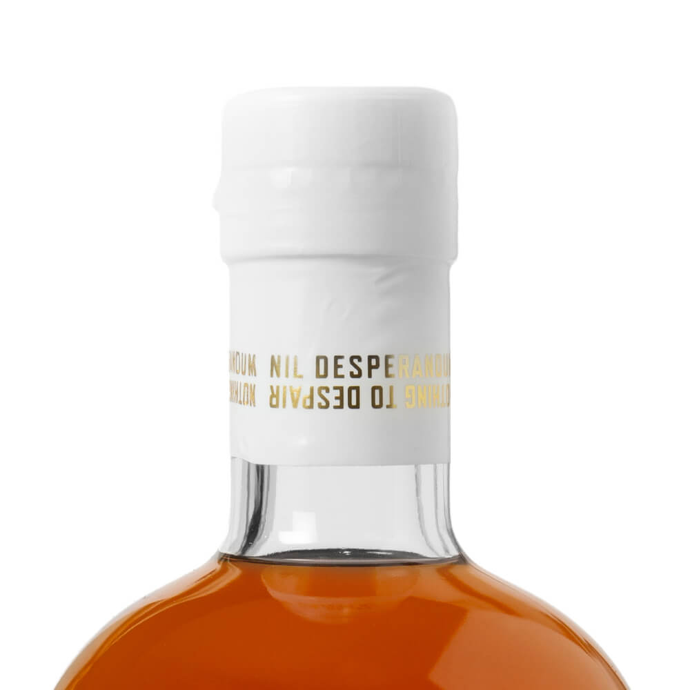 Close-up of the Rum Nation bottle’s white wax-sealed neck and cork