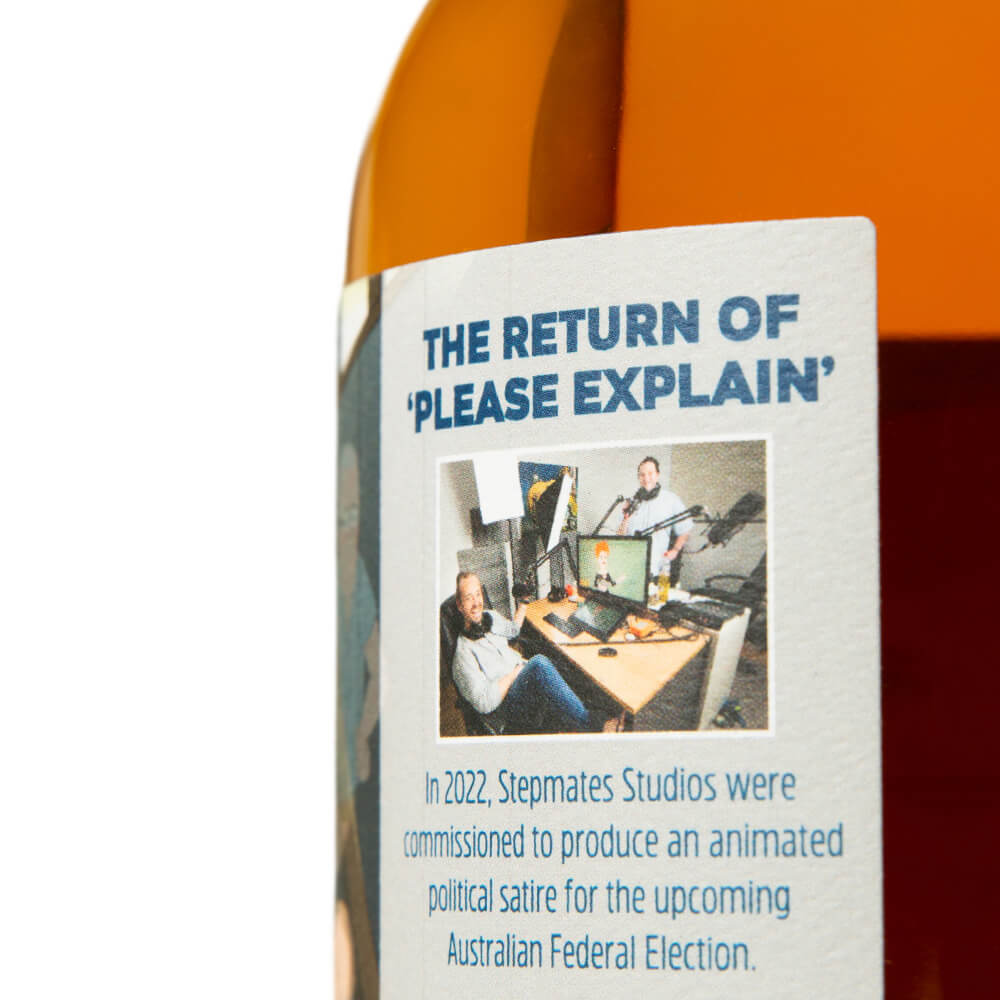 Back label of the Rum Nation Director’s Batch bottle titled “The Return of ’Please Explain’”