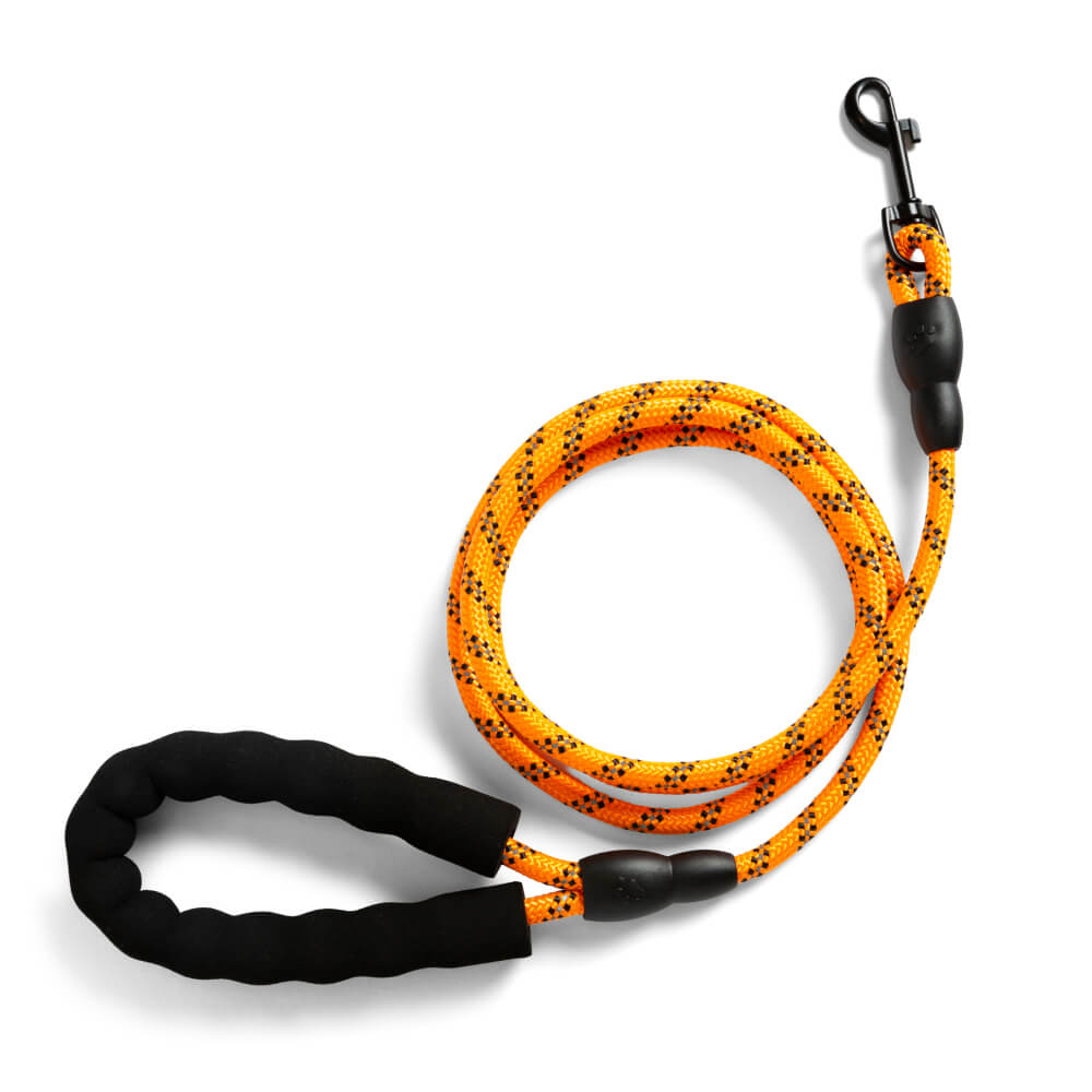 Orange and black rope dog lead with padded handle and clip