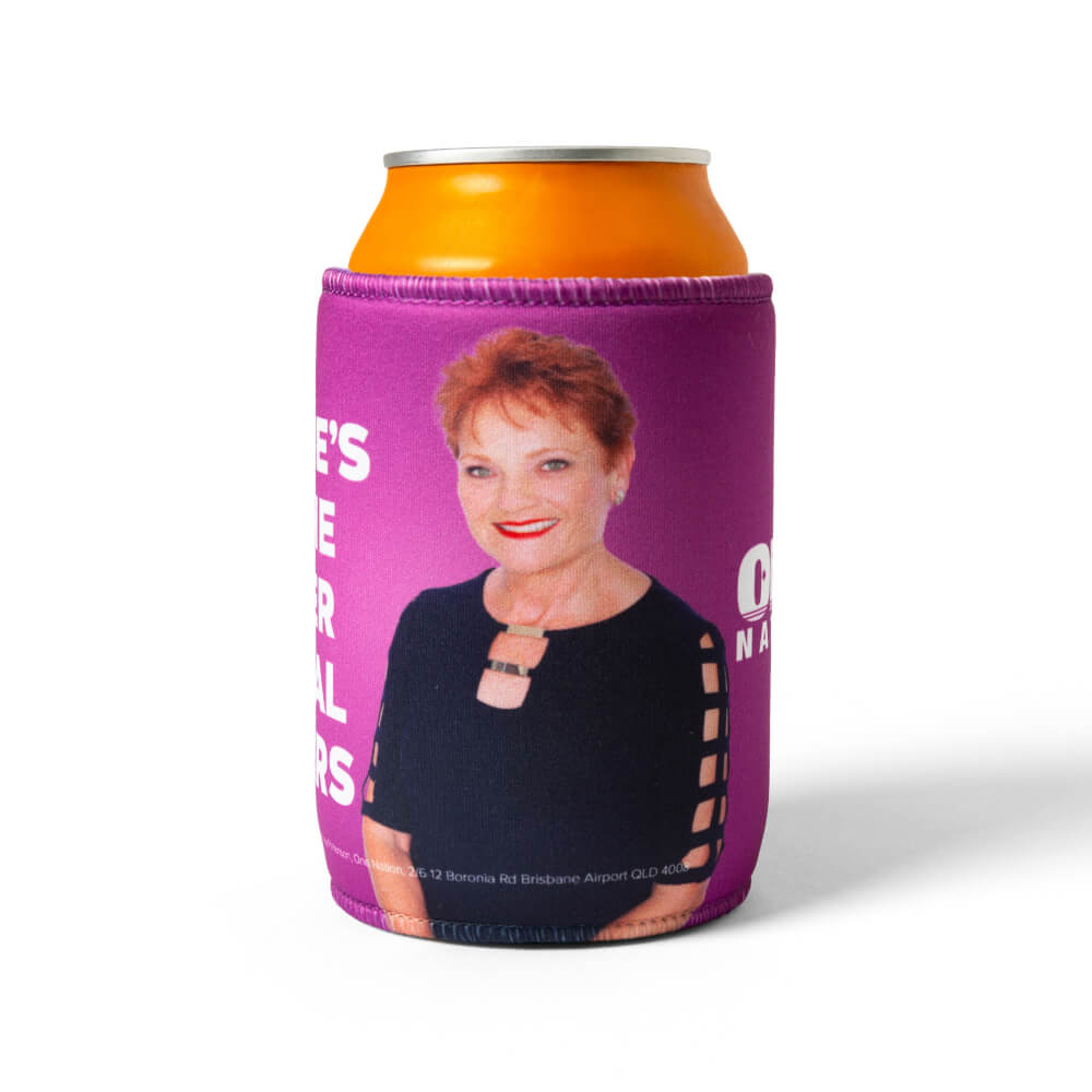 Purple “This One’s For The Gender Neutral” stubby cooler with a photo of Pauline Hanson
