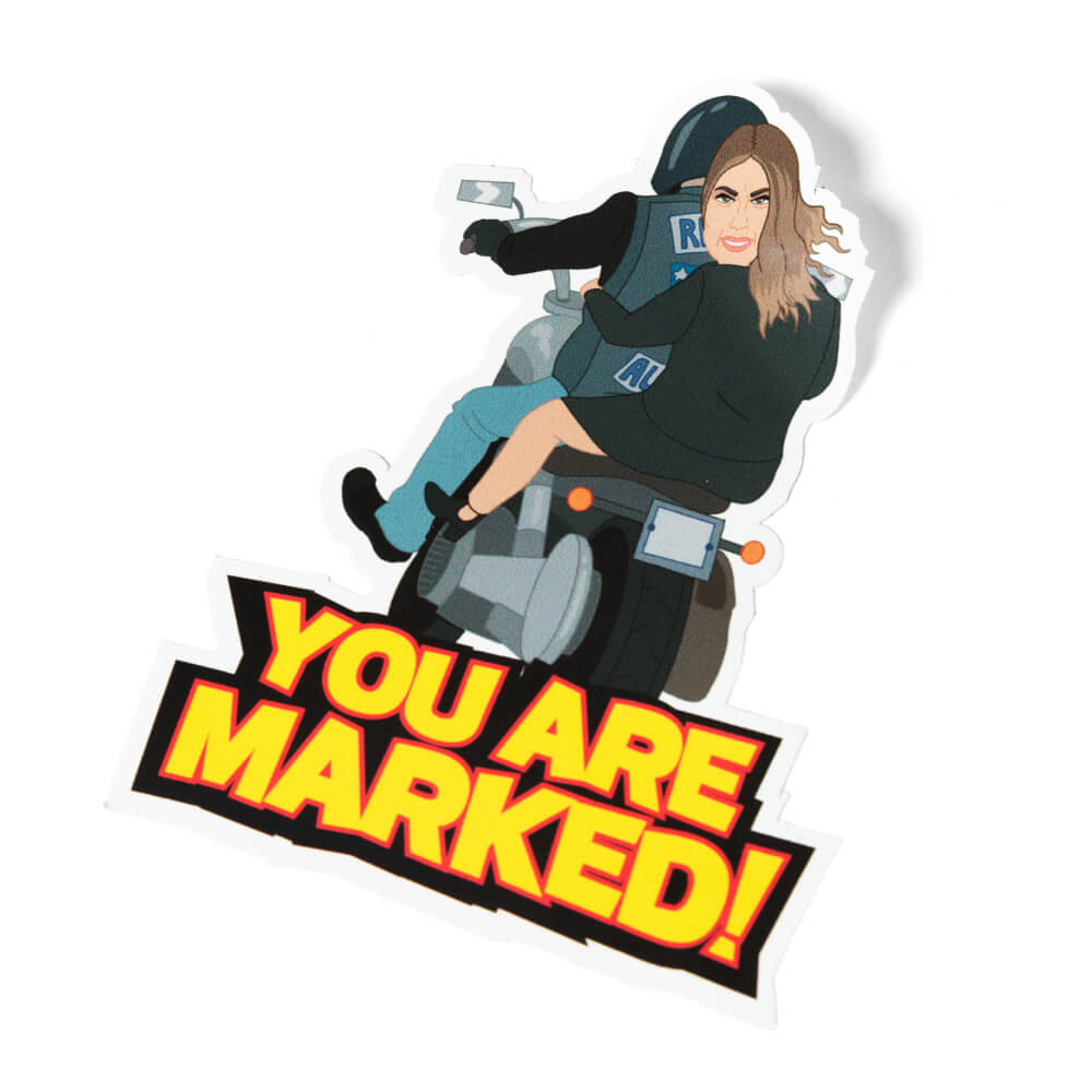 “You Are Marked!” die-cut sticker with a cartoon of Lidia Thorpe on a motorbike