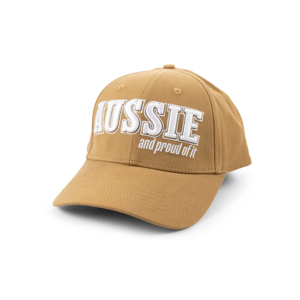 Tan “Aussie and proud of it” cap with white embroidery