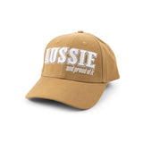 Tan “Aussie and proud of it” cap with white embroidery