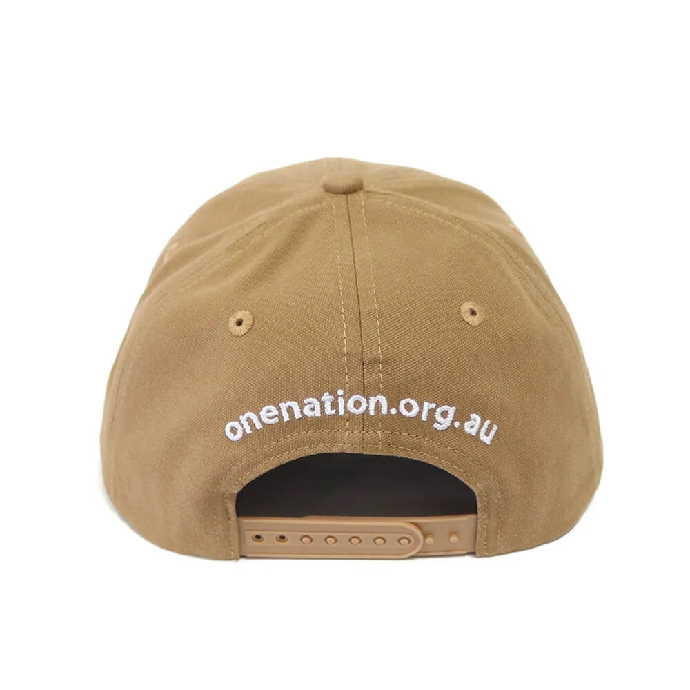 Back of the tan Aussie cap with onenation.org.au above the strap