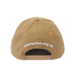 Back of the tan Aussie cap with onenation.org.au above the strap
