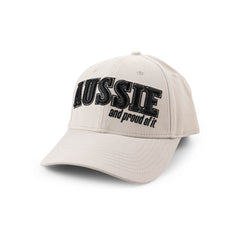 Cream “Aussie and proud of it” cap with black embroidery