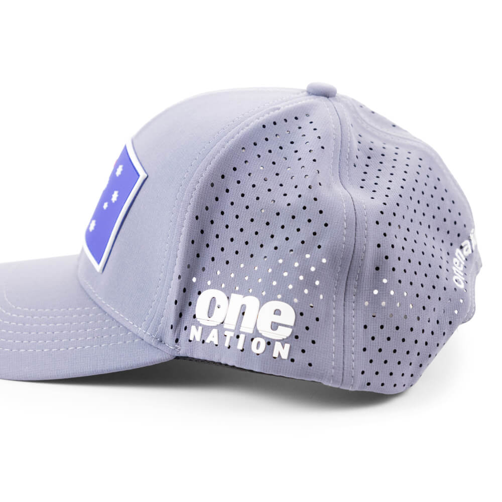 Side of the grey Australia Flag cap showing the perforated panels and One Nation logo