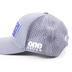 Side of the grey Australia Flag cap showing the perforated panels and One Nation logo