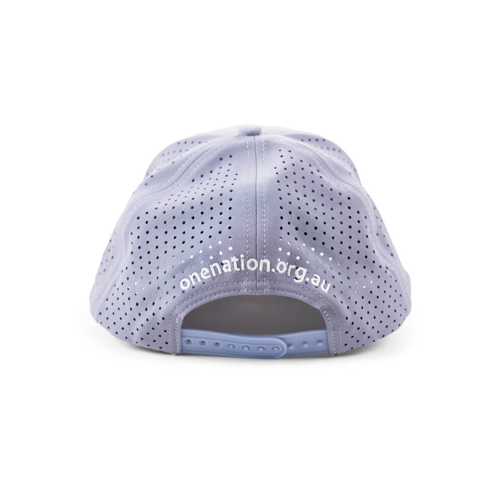 Back of the grey Australia Flag cap with onenation.org.au above the strap