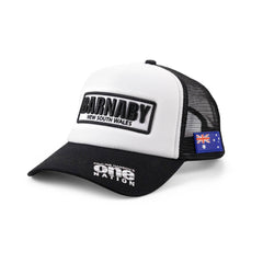Black and white Barnaby Senate 2028 trucker cap with an Australian flag patch