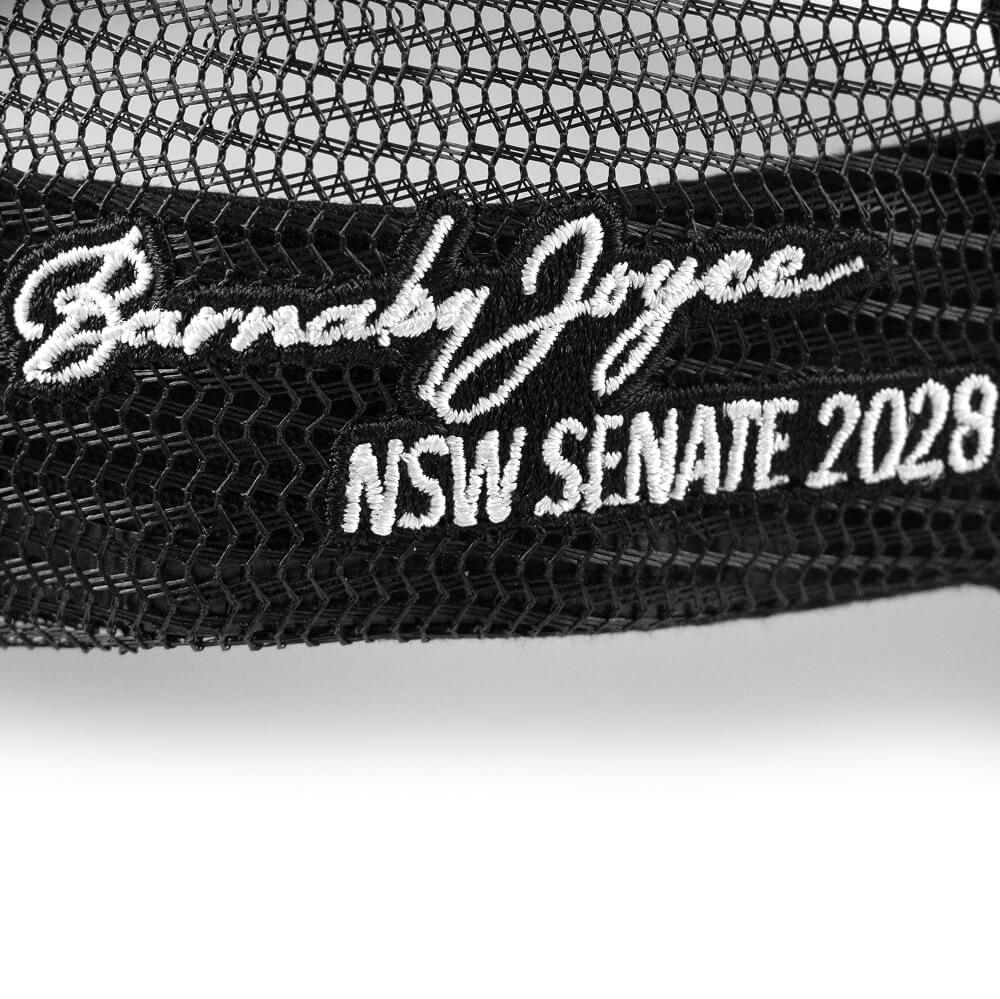 Back of the Barnaby Senate 2028 cap with “Barnaby Joyce NSW Senate 2028” printed on the mesh