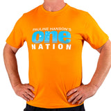 Man wearing the orange Pauline Hanson’s One Nation T-shirt with the blue One Nation logo on the front