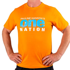 Man wearing the orange Pauline Hanson’s One Nation T-shirt with the blue One Nation logo on the front