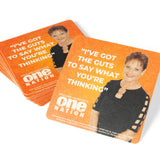 Stack of orange drink coasters with Pauline Hanson and “I’ve got the guts to say what you’re thinking”