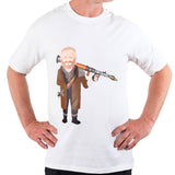 Man wearing the white Future Albo T-shirt with a cartoon Anthony Albanese holding a rocket launcher