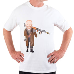 Man wearing the white Future Albo T-shirt with a cartoon Anthony Albanese holding a rocket launcher