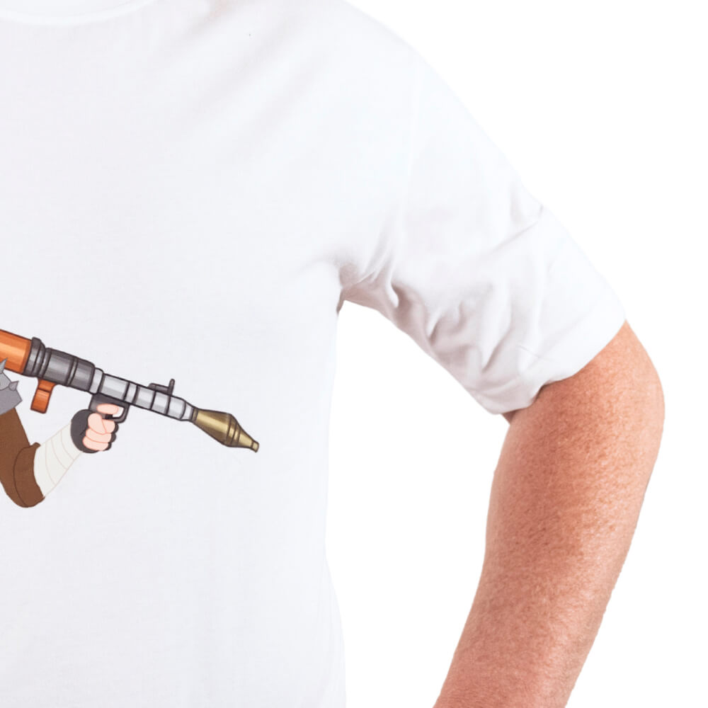 Close-up of the rocket launcher in the Future Albo T-shirt artwork