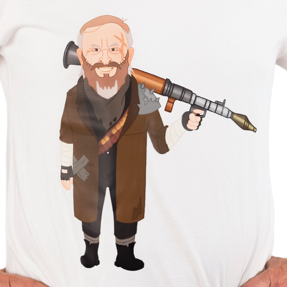 Close-up of the Future Albo T-shirt print showing a bearded cartoon Albanese with a rocket launcher