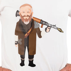 Close-up of the Future Albo T-shirt print showing a bearded cartoon Albanese with a rocket launcher