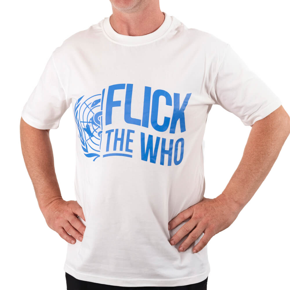 Man wearing the white “Flick the WHO” T-shirt with blue print