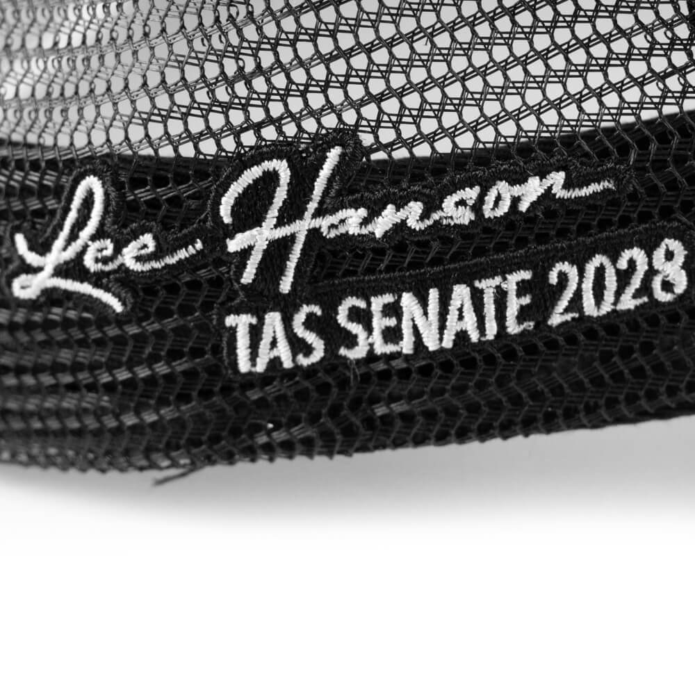 Back of the Hanson Senate 2028 cap with “Lee Hanson TAS Senate 2028” printed on the mesh