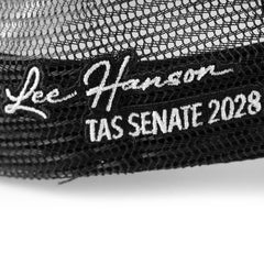 Back of the Hanson Senate 2028 cap with “Lee Hanson TAS Senate 2028” printed on the mesh