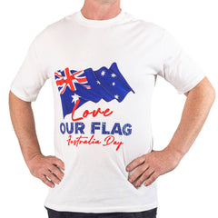 Man wearing the white “Love Our Flag” Australia Day T-shirt with an Australian flag print
