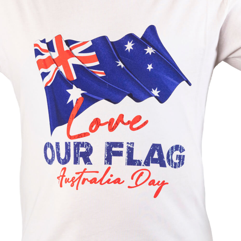 Close-up of the “Love Our Flag – Australia Day” print with a waving Australian flag
