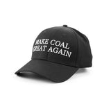 Black cap embroidered “Make Coal Great Again” in white, side view
