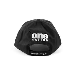 Back of the black cap with the white One Nation logo and adjustable strap