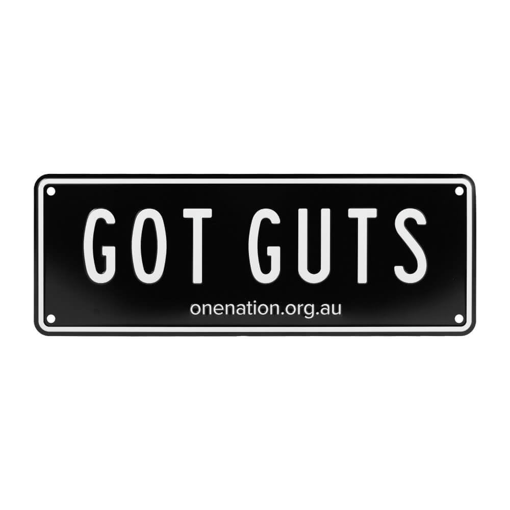 Black “GOT GUTS” novelty licence plate with onenation.org.au