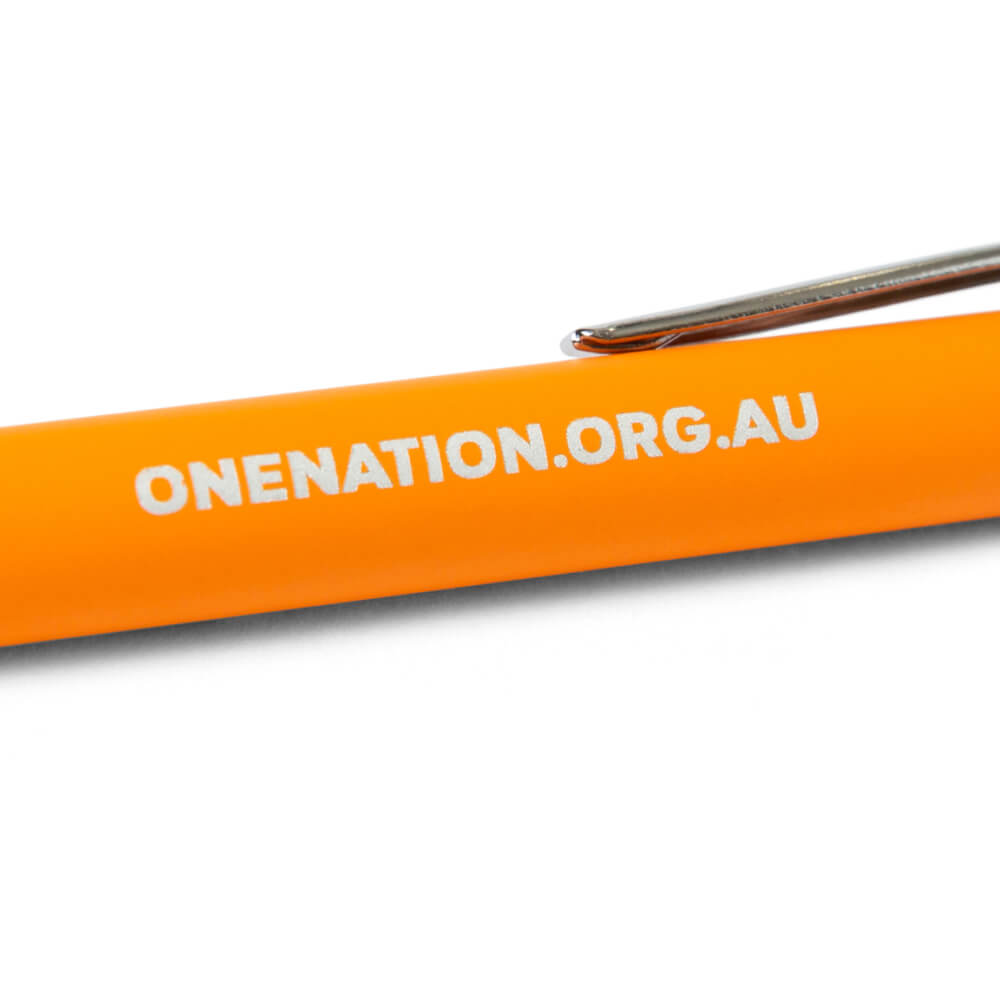 Close-up of the orange pen barrel printed with onenation.org.au