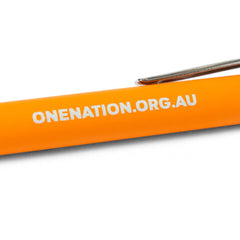 Close-up of the orange pen barrel printed with onenation.org.au