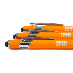 Four orange One Nation stylus pens lying side by side