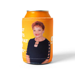Orange One Nation stubby cooler with a photo of Pauline Hanson