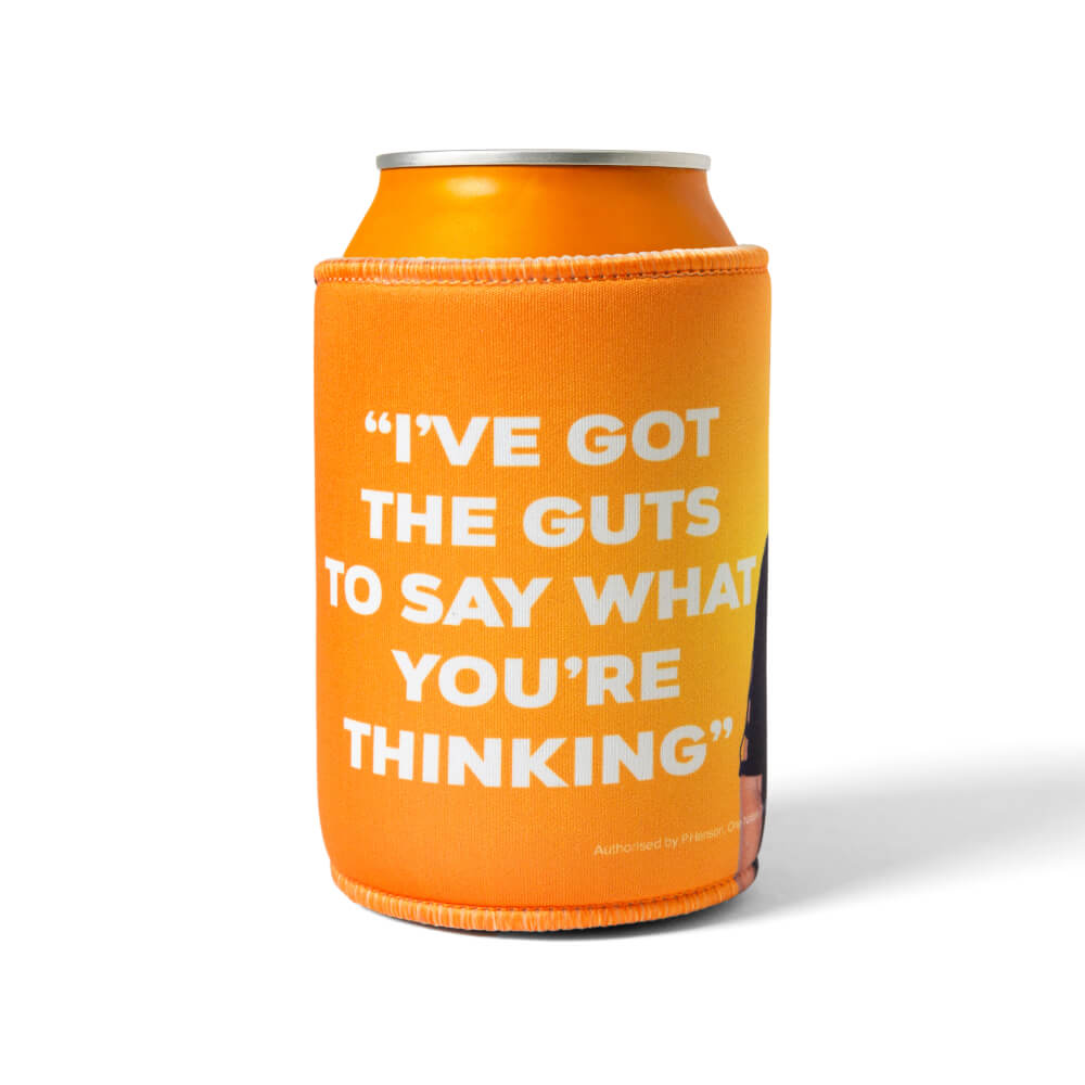 Back of the orange stubby cooler reading “I’ve got the guts to say what you’re thinking!”